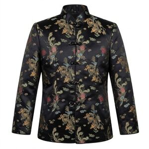 PBL Women's M/L Black Dragon Phoenix Brocade Tang Jacket Mandarin‎ Collar - CJ